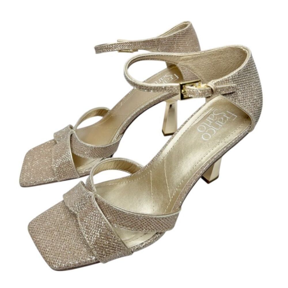 Franco Sarto Sandals Size 8 Gold Leather Ankle‎ Strap Square Toe Evening Heels